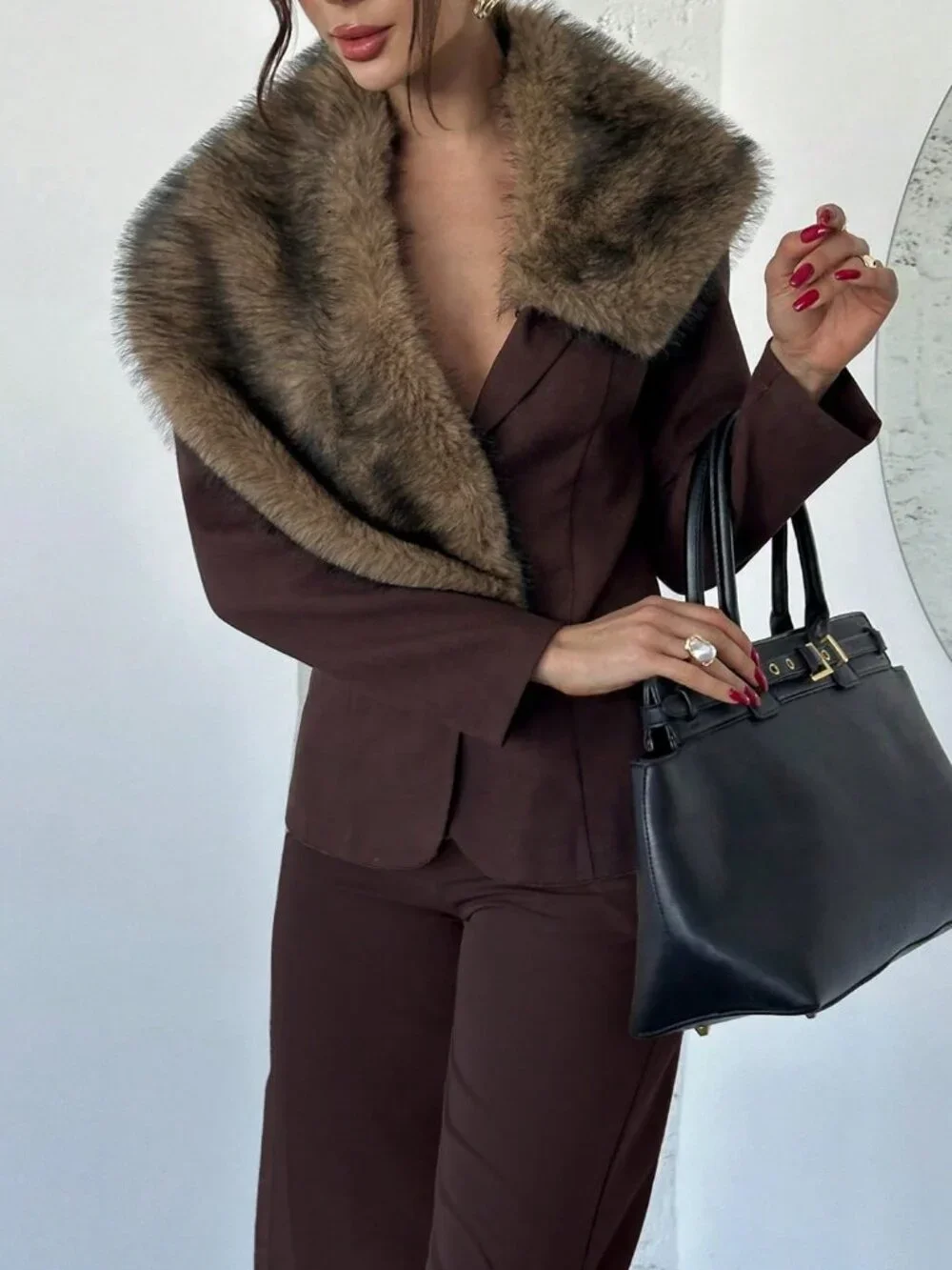 Brown Casual Women's Faux Fur Collar Waist Cinched Long blazer jacket